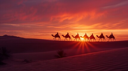Camel Caravan Crossing Desert at Sunset. Majestic caravan of camels crosses a sandy desert with a stunning sunset backdrop, evoking a sense of adventure and tranquility.