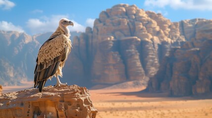 Vulture Perched on Rock in Desert Landscape. Vigilant vulture surveys its surroundings from atop a rock formation, with a vast desert landscape stretching out beneath it. - obrazy, fototapety, plakaty
