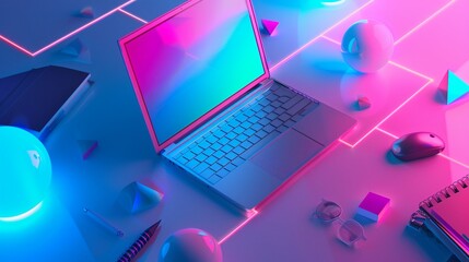 Glowing abstract shapes around a laptop, cool tones, aerial perspective, dreamy vibe , golden proportion