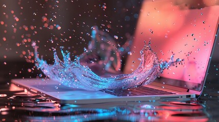 Laptop amidst a water splash, vibrant backlight, freeze motion, dynamic angle , High details