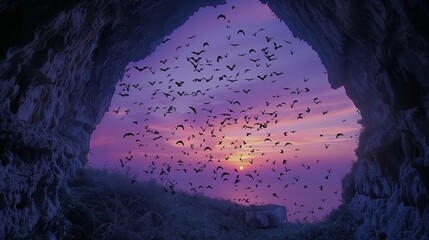 Bats Flying Out of Cave at Sunset. Silhouetted against a purple sunset, a swarm of bats exits a...