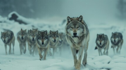 Alpha Wolf Leading Pack in Snowy Terrain. Alpha wolf leads its pack through a snowy landscape,...