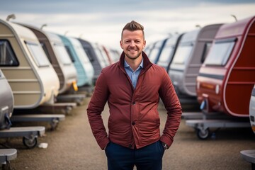Line of Brand New Camper Vans Motorhomes Awaiting Clients on Dealership Sales Lot with manager