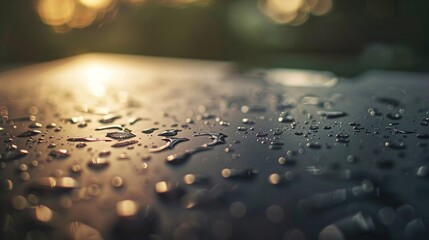 Water droplets on a sleek laptop under soft light, closeup, bokeh background , golden proportion