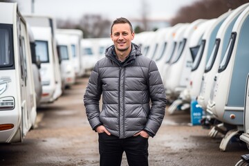 Line of Brand New Camper Vans Motorhomes Awaiting Clients on Dealership Sales Lot with manager