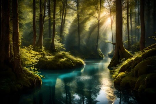 A river snaking through a dense forest, with sunlight filtering through the trees and dancing on the water's surface.