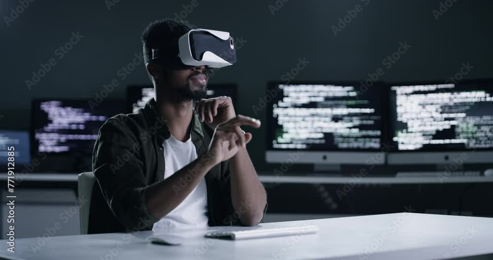 Poster Man, VR and glasses for programming, software engineering and coding in cybersecurity at night. Virtual reality developer or programmer thinking of data analysis for digital development in metaverse