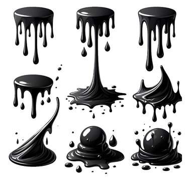 Dripping black paint, melting chocolate or dripping black oil. Set of abstract liquid splash elements. Flat vector illustration of splash ink flows	