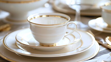Classic white bone china dinner set with delicate gold trim, exuding timeless elegance for special occasions.