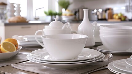 Classic white porcelain dinner set arranged elegantly, promising timeless elegance for any dining occasion.