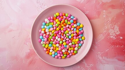 Colorful candies arranged in a perfect circle on a pastel pink plate, tempting the taste buds. - Powered by Adobe