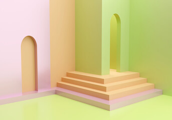 Display pedestal, 3d background products display podium scene with geometric platform. gecmetract pastel Pastel tone colors, stair step, 3D Rendering.
