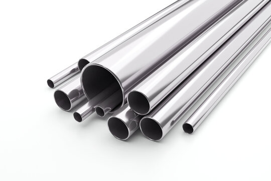 stack of steel pipes. Stainless steel, Steel pipes, stainless steel, on white background. Large group of steel tubes. metal pipes. 3D Rendering.