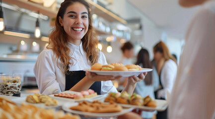 Female waiter serving snacks at business event or party during coffee break