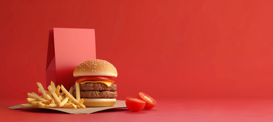 Delicious fast food meal with mouthwatering french fries, sauce, and burger on cardboard plate