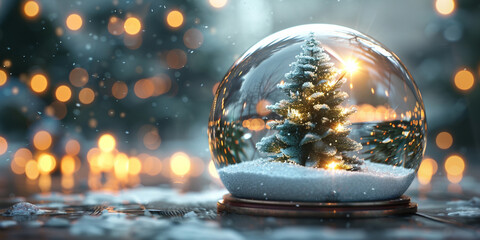 Snow globe with christmas tree and bokeh .