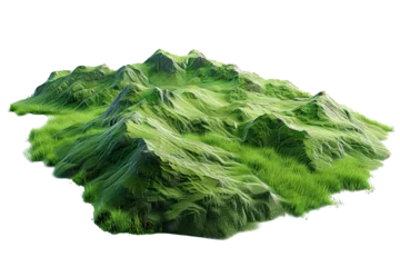 Fotobehang 3d illustration piece of land mountain, green grass, isolated on white background, png © Black Pig