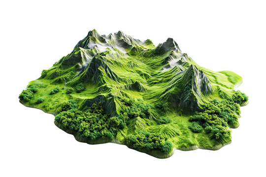3d illustration piece of land mountain, green grass, isolated on white background, png