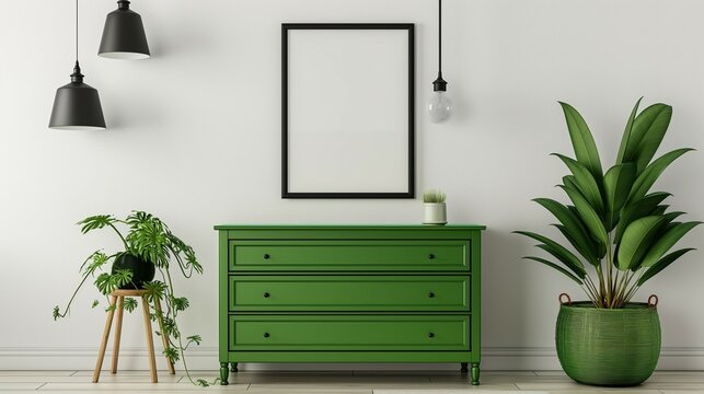 Frame mockup design, blank picture frame with black border, green cabinet, chest of drawers, home room interior, 3D rendering