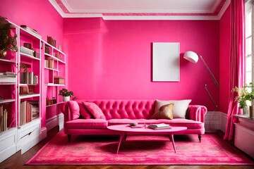 A vibrant pink living room with a cozy reading nook and a blank white empty frame. - obrazy, fototapety, plakaty