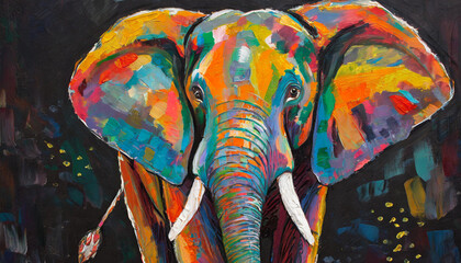 Oil elephant portrait painting in multicolored tones. Conceptual abstract painting of a elephant on the black background on canvas. - obrazy, fototapety, plakaty