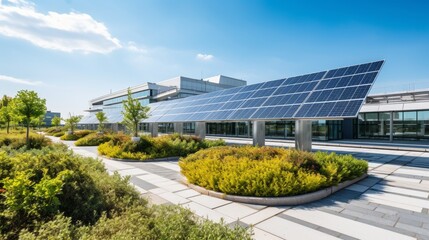 Eco-friendly university campus featuring advanced solar panels and wind turbines - obrazy, fototapety, plakaty