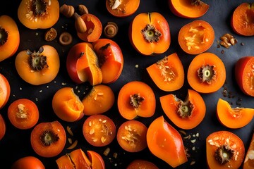 A detailed shot of a sliced persimmon, showcasing its vibrant orange hue and honey-like sweetness.
