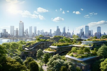 Obraz premium eco - friendly urban skyline, showcasing lush green roofs