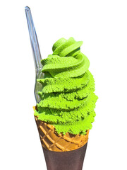 Japanese green tea Matcha ice cream cone. Matcha ice isolated on transparent background.