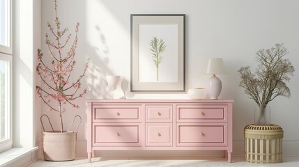 Frame mockup design, blank picture frame with black border, pastel pink cabinet dresser, home room interior, 3D rendering