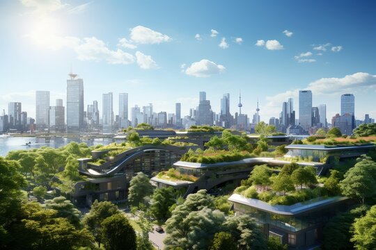 eco - friendly urban skyline, showcasing lush green roofs