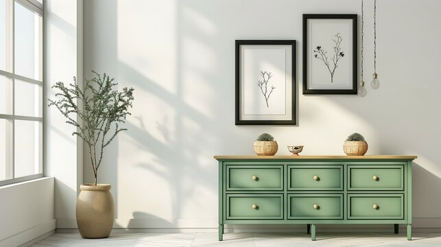 Frame mockup design, blank picture frame with black border, green cabinet, chest of drawers, home room interior, 3D rendering