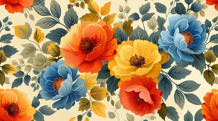 Seamless design. Colorful abstract flowers bouquet on a cream color background.