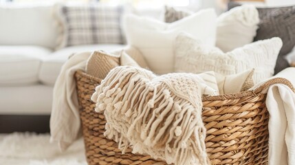 Handwoven wicker basket filled with plush throw blankets, inviting coziness into the living space.