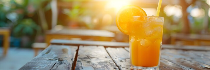 Refreshing Tropical Juice Drink on Wooden Table in Sunny Garden Patio - obrazy, fototapety, plakaty