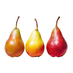 Three colorful pears on transparent background, natural and juicy fruits