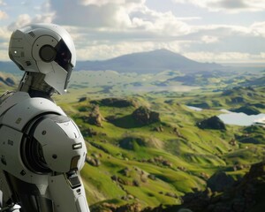 Robot peacefully gazes at the otherworldly landscape