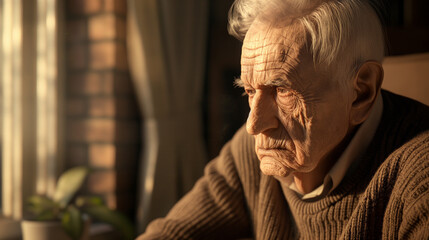 A depressed, confused elderly man with memory problems looking & thinking in a sad mood and lonely. Cognitive Impairment, Delirium mental confusion. Concepts of Alzheimer's, amnesia, or dementia.
