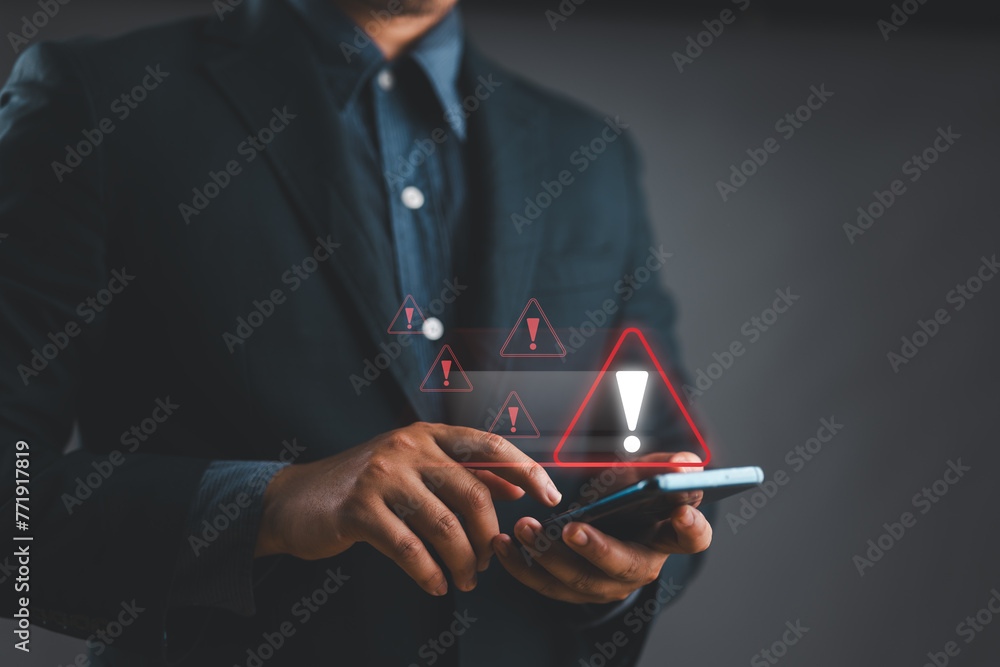 Poster System warning hacked alert, cyber attack on computer network. Cybersecurity vulnerability, data breach, illegal connection, compromised information concept. Malicious software, virus and cybercrime.