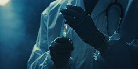 An individual in a white lab coat administers a dose with a syringe, set against a spectacular backdrop in light teal and dark navy. - obrazy, fototapety, plakaty