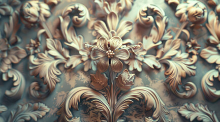 An old-fashioned wallpaper design exhibits beautiful organic sculpting and metallic rotation. - 771918893