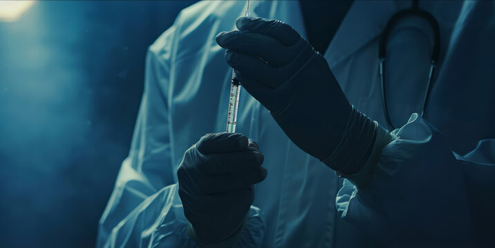 An individual in a white lab coat administers a dose with a syringe, set against a spectacular backdrop in light teal and dark navy.