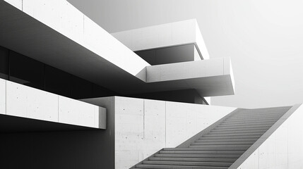 3D render of minimalist building, sleek lines, monochrome palette, sharp angles, clean design