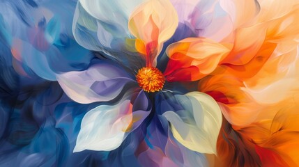 An abstract painting of a flower in vibrant colors exhibits illusory perfection in detail. - obrazy, fototapety, plakaty