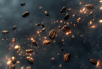 Coffee beans appear to soar in the air, creating a flamboyant spectacle reminiscent of animated gifs. - obrazy, fototapety, plakaty