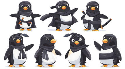 Fototapeta premium A series of penguin cartoon characters dressed in ninja outfits