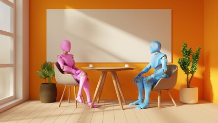 In a modern house, two humanoid robots converse at a table, creating an exciting scene in which futuristic technology is combined with everyday life - obrazy, fototapety, plakaty