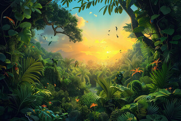 Dawn of flora and fauna, diverse species emergence, lush vegetation, vibrant ecosystem illustration