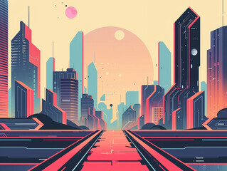 Future city vector graphic, hi-tech sky, simple geometric shapes, flat design, minimalist colors