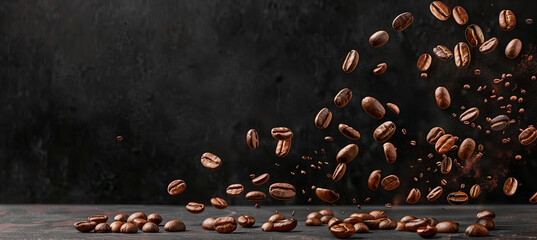 Levitating roasted coffee beans with copy space on dark background